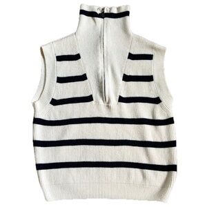 Oliver O Cream Midnight Blue Stripes Ribbed Sleeveless Sweater Vest Size Large